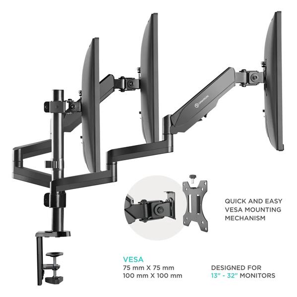 ONKRON Trojitý stojan na monitor pre 13 až 32-palcové LCD LED obrazovky do 8 kg, čierny 