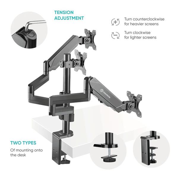 ONKRON Trojitý stojan na monitor pre 13 až 32-palcové LCD LED obrazovky do 8 kg, čierny 