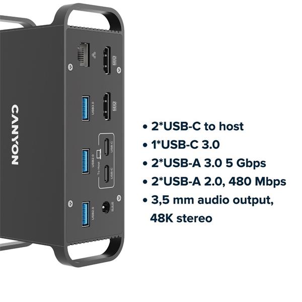Canyon DS-95, Multiport Docking Station, USB-C vstup, 14 portov, podpora 2 monitorov, 4K, 100W 