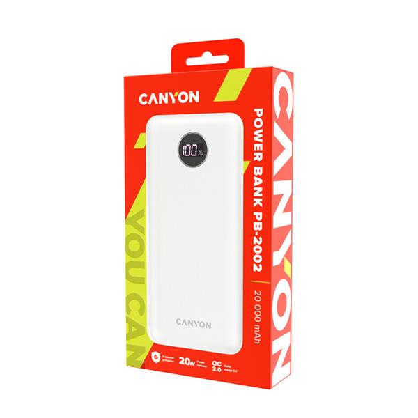 Canyon PB-2002, Powerbank, Li-Pol, 20.000 mAh, Digitálny displej, Vstup: 1x USB-C, Výstup: 1x USB-C a 2x USB-A, biela 