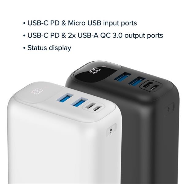 Canyon PB-301, Powerbank, Li-Pol, 30.000 mAh, Vstup 1x USB-C a 1x Micro-USB, výstup: 1x USB-C a 2x USB-A, biela 
