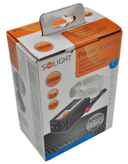 Solight invertor 12V, USB 500mA, kovový, čierny, max. zaťaženie: 200W 