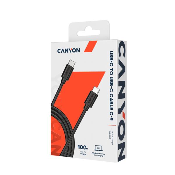 Canyon UC-9, 1.2m kábel USB-C / USB-C, 20V/5A, výkon 100W, čierny 