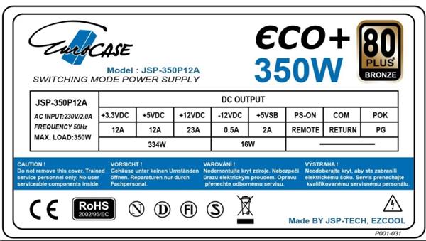 Zdroj Eurocase Eco+ 350W, 80PLUS BRONZE, 12cm ventilátor, bulk 