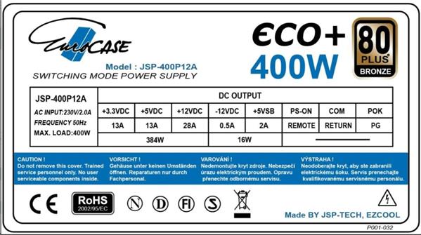 Zdroj Eurocase Eco+ 400W, 80PLUS BRONZE, 12cm ventilátor, bulk 
