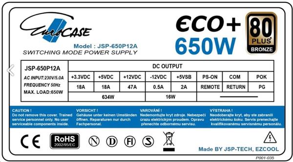 Zdroj Eurocase Eco+ 650W, 80PLUS BRONZE, 12cm ventilátor, bulk 