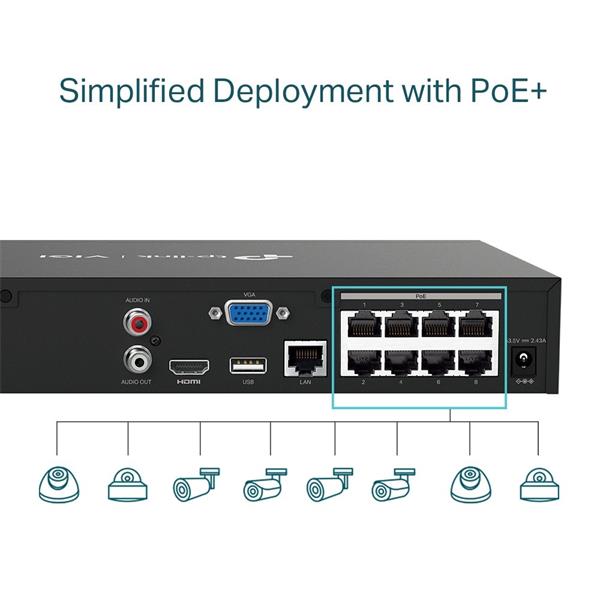 TP-LINK "8 Channel PoE Network Video RecorderSPEC: H.265+/H.265/H.264+/H.264, Up to 8MP resolution, Decoding capability 