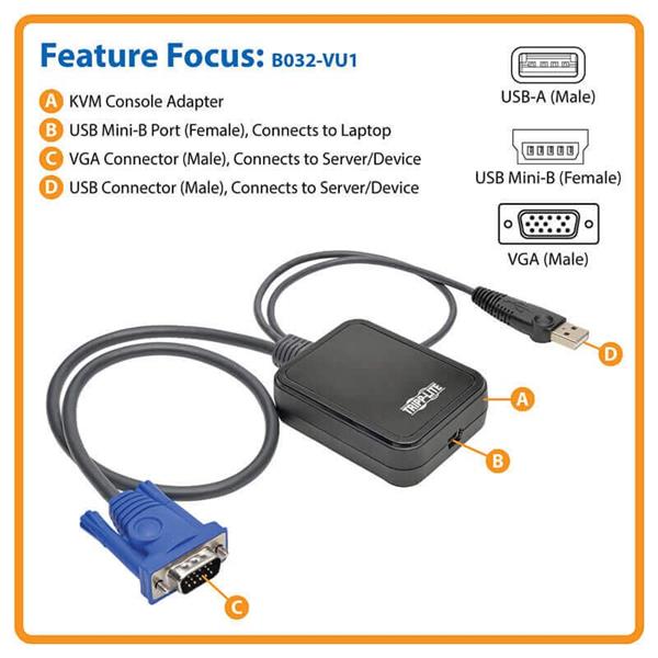 Eaton Tripplite Adaptér KVM, USB Mini-B VGA, USB, prenos súborov, snímanie videa 1920x1200, 60Hz 