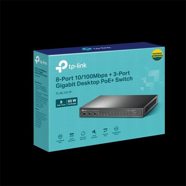 TP-LINK "8-Port 10/100Mbps + 3-Port Gigabit Desktop Switch with 8-Port PoE+PORT: 8× 10/100 Mbps PoE+ Ports, 2× Gigabit  