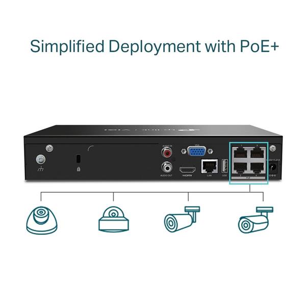 TP-LINK "4 Channel PoE Network Video RecorderSPEC: H.265+/H.265/H.264+/H.264, Up to 8MP resolution, Decoding capability 