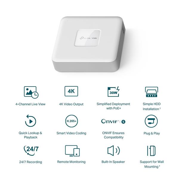 TP-LINK "4 Channel PoE Network Video RecorderSPEC: H.265+/H.265/H.264+/H.264, Up to 8MP resolution, Decoding capability 