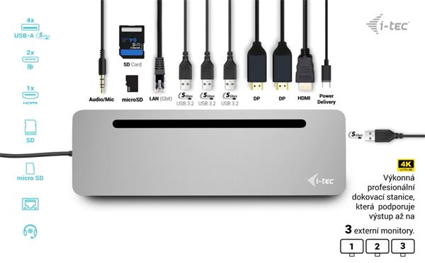 i-tec USB-C Metal Ergonomic 4K 3x Display Docking Station, PD 100W + Charger 100W 