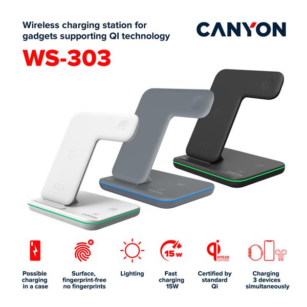 Canyon WS-303, 3v1, bezdrôtová Qi nabíjacia stanica pre 3 zariadenia simultánne, šedá 