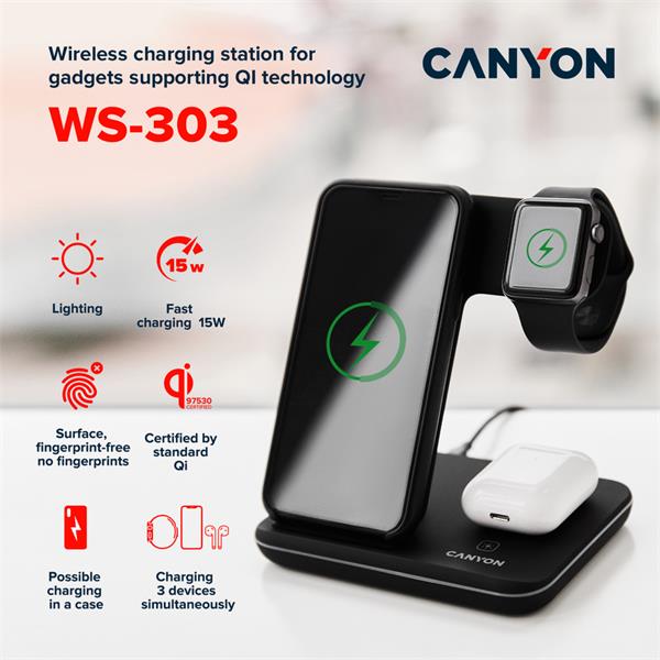 Canyon WS-303, 3v1, bezdrôtová Qi nabíjacia stanica pre 3 zariadenia simultánne, šedá 