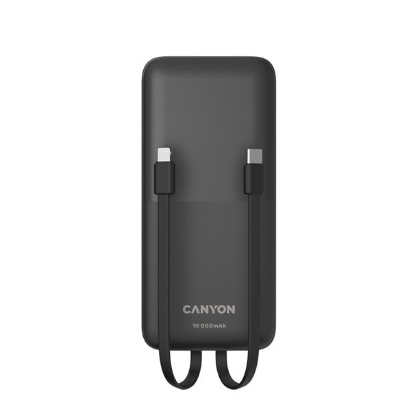 Canyon PB-1010, Powerbank, Li-Pol, 10.000 mAh, Vstup: 1x USB-C, 1x microUSB, Výstup: 1x USB-C, 1x USB-A, integr. 2x kábe 