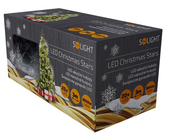 Solight LED vianočná reťaz, hviezdy, 20 LED, 3m, prívod 3m, IP20, biela 