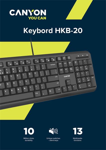 Canyon HKB-20, klávesnica, USB, séria Velvet Tread, 104 kláv, 13 multimed., tichá, štíhla, čierna, SK/CZ 