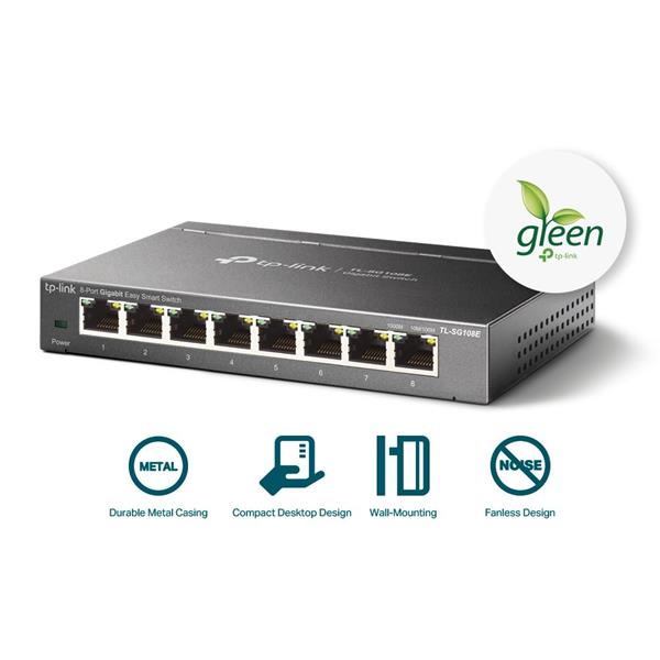 TP-LINK "8-Port Gigabit Easy Smart SwitchPORT: 8× Gigabit RJ45 PortsSPEC: Desktop Steel CaseFEATURE: MTU Port Tag-bas 