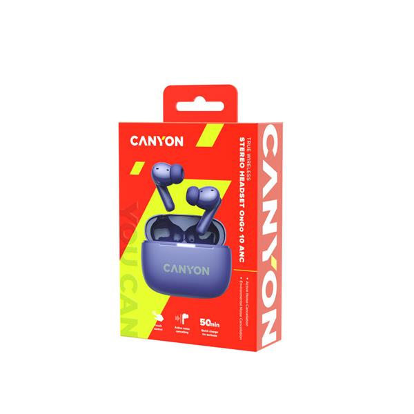 Canyon TWS-10, On Go, 10 ANC, True Wireless Bluetooth slúchadlá do uší, nabíjacia stanica v kazete, fialové 