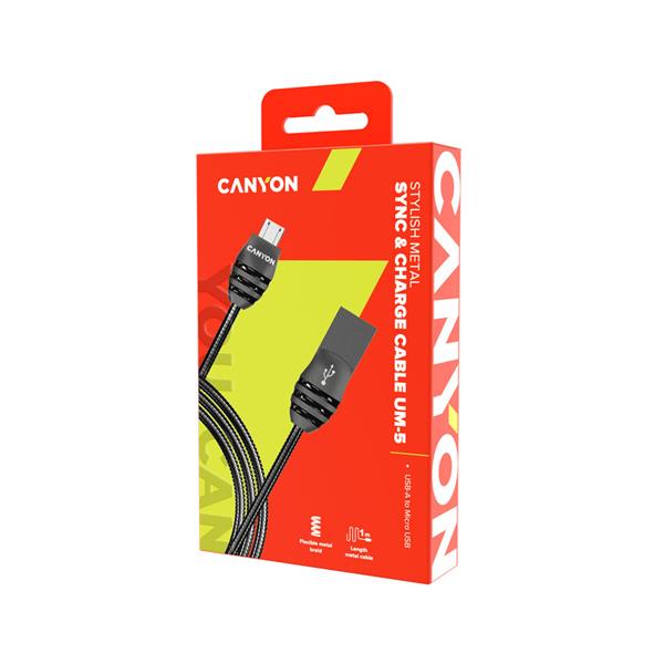 Canyon UM-5, 1m kábel micro-USB / USB 2.0, 5V/2A, priemer 3,5mm, metalicky opletený, tmavo-šedý 