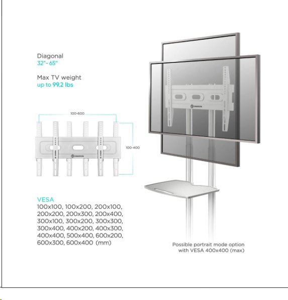 ONKRON mobilný TV stojan s 1 policou pre 32" - 65" do 50 kg, biela VESA: 100x100 - 600x400" 
