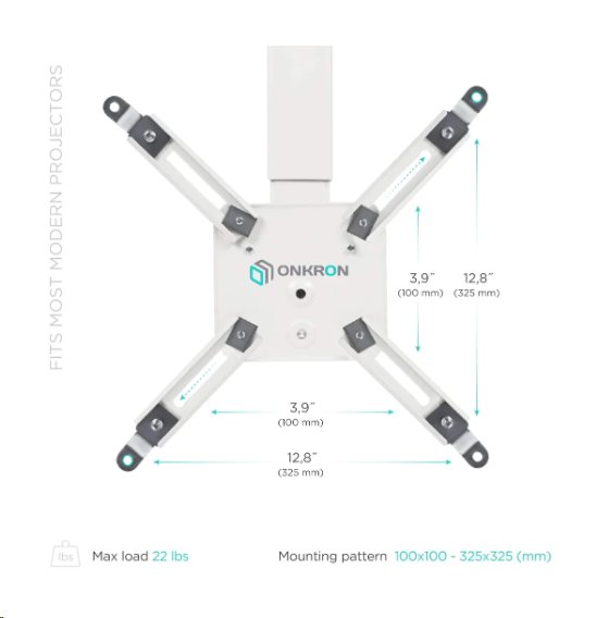 ONKRON Nastaviteľný stropný/nástenny držiak na projektor do 10 kg, biely 