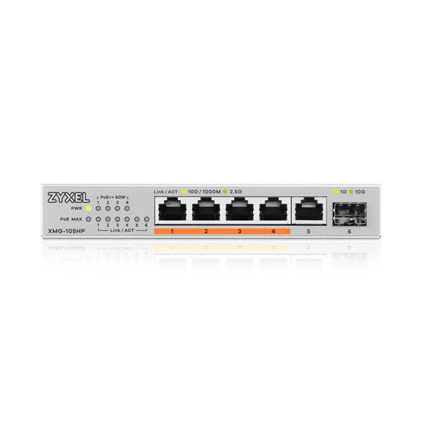 Zyxel XMG-105 5 Ports 2,5G + 1 SFP+, 4 ports 70W total PoE++ Desktop MultiGig unmanaged Switch 