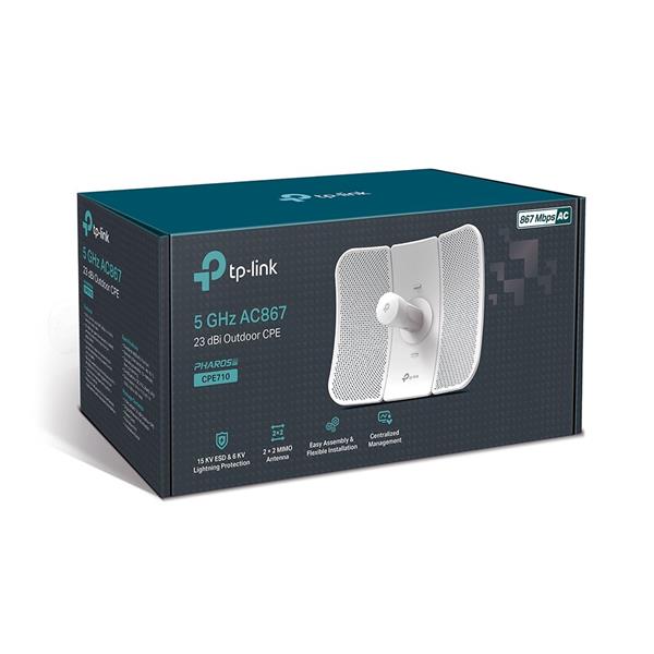 TP-LINK "5 GHz AC867 23 dBi Outdoor CPEPort: 1 × Gigabit Shielded Ethernet PortSPEED: 867 Mbps at 5 GHzFEATURE: 23 dB 