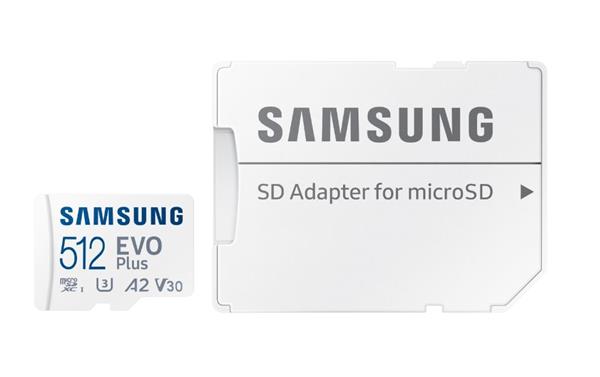 512 GB . microSDXC karta Samsung EVO Plus + adapter ( trieda U3, V30, A2 ) 