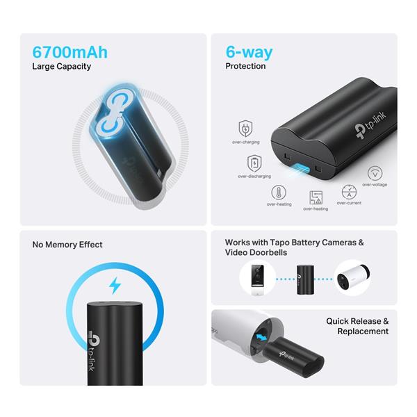 TP-LINK "Tapo Battery PackSPEC: 3.6V 6700mAh 24.12Wh, 1 × Micro USB PortFEATURE: Rechargeable Battery, Works with Tapo 