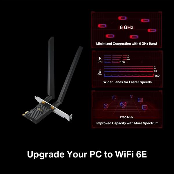AXE5400 Tri-Band Wi-Fi 6E Bluetooth PCI Express Adapter SPEED: 2402 Mbps at 6 GHz + 2402 Mbps at 5 GHz + 574 Mbps at 2.4 
