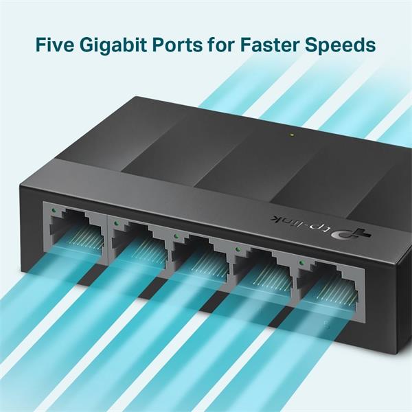 LiteWave 5-Port Gigabit Desktop Switch PORT: 5× Gigabit RJ45 Ports SPEC: Desktop Plastic Case FEATURE: Plug and Play 