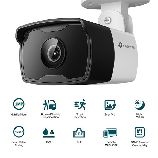 TP-LINK "2MP Outdoor Bullet Network CameraSPEC: H.265+ H.265 H.264+ H.264, 1 3"" Progressive Scan CMOS, Color 0.01 Lux@ 