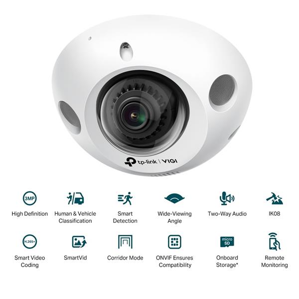 3MP Mini Dome Network Camera SPEC:H.265+/H.265/H.264+/H.264, 1/2.8" Progressive Scan CMOS, Color/0.005 Lux@F1.6, 0 Lux w 