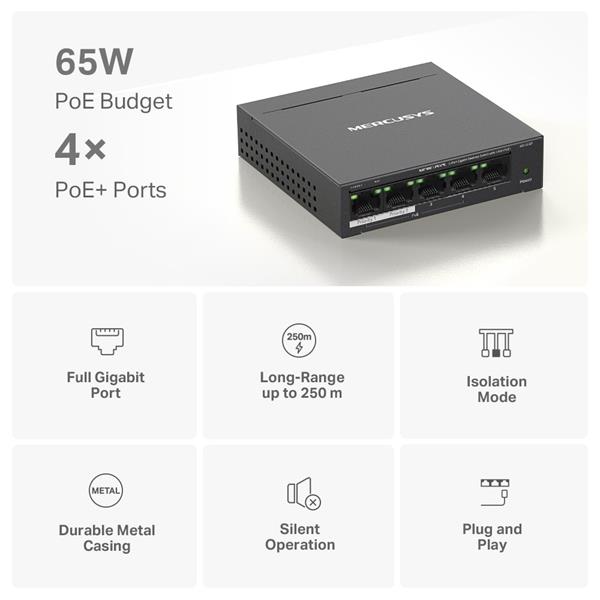 5-Port Gigabit Desktop Switch with  4-Port PoE+  PORT: 4× Gigabit PoE+ Ports, 1× Gigabit Non-PoE Port SPEC: Compatible w 