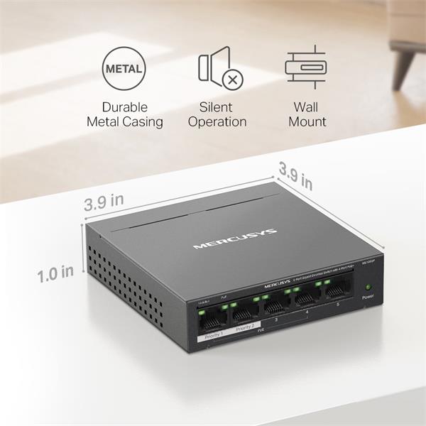 5-Port Gigabit Desktop Switch with  4-Port PoE+  PORT: 4× Gigabit PoE+ Ports, 1× Gigabit Non-PoE Port SPEC: Compatible w 
