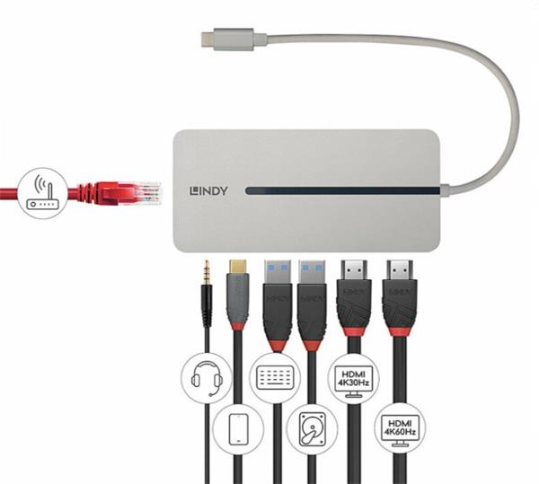 Lindy Dokovacia Stanica USB 3.1 Typ C, 2xHDMI (Dual Display), 2xUSB 3.0, Gigabit LAN, (PD 3.0 100W), 0.25m 