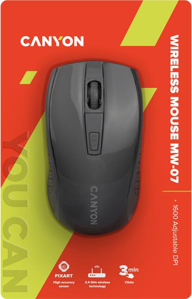 Canyon MW-07, Wireless optická myš USB, 800/1200/1600 dpi, Pixart 3065, 4 tlač, čierna 