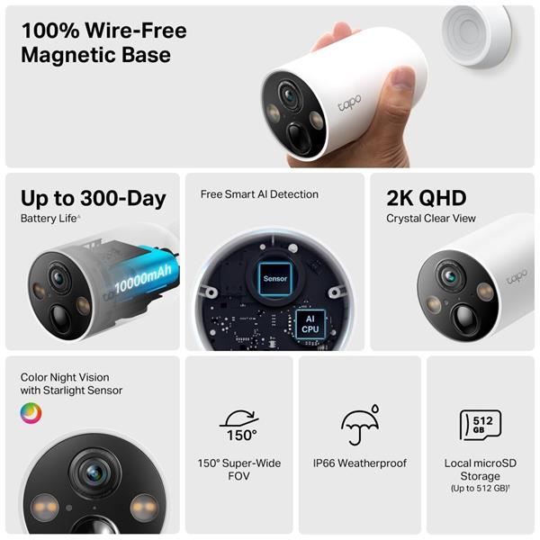 TP-LINK "Smart Wire-Free Security Camera, 4-PackSPEC:2K QHD (2560x1440), 2.4 GHz, 10000mAh rechargeable lithium-ion bat 