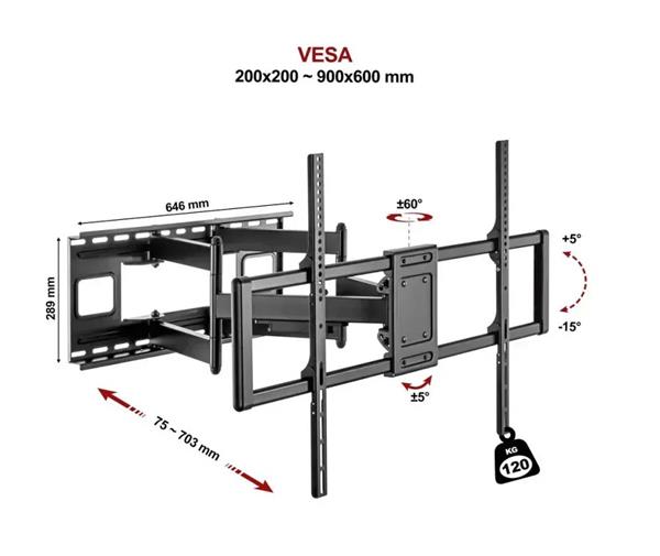 Super pevny drziak Novelty MEGA120 - na TV 55" - 120", otocný +60° / -60°, sklopný +5° / -15°, vzdialenost od steny 75 