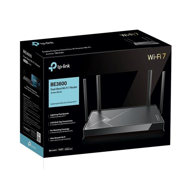 TP-LINK "BE3600 Dual-Band Wi-Fi 7 RouterSPEED: 688 Mbps at 2.4 GHz + 2882 Mbps at 5 GHz SPEC: 4× external Antennas, 2. 