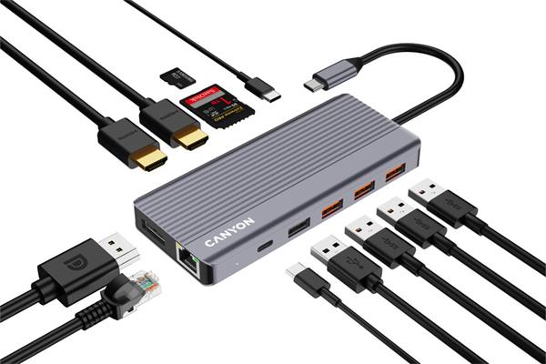 Canyon DS-16, Multiport Docking Station, 13 portov, 1xUSB-C 100W+3xUSB3.0+1xUSB2.0+2xHDMI+1xDisplay Port +1xRJ45+1xaudio 