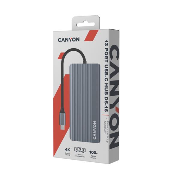 Canyon DS-16, Multiport Docking Station, 13 portov, 1xUSB-C 100W+3xUSB3.0+1xUSB2.0+2xHDMI+1xDisplay Port +1xRJ45+1xaudio 