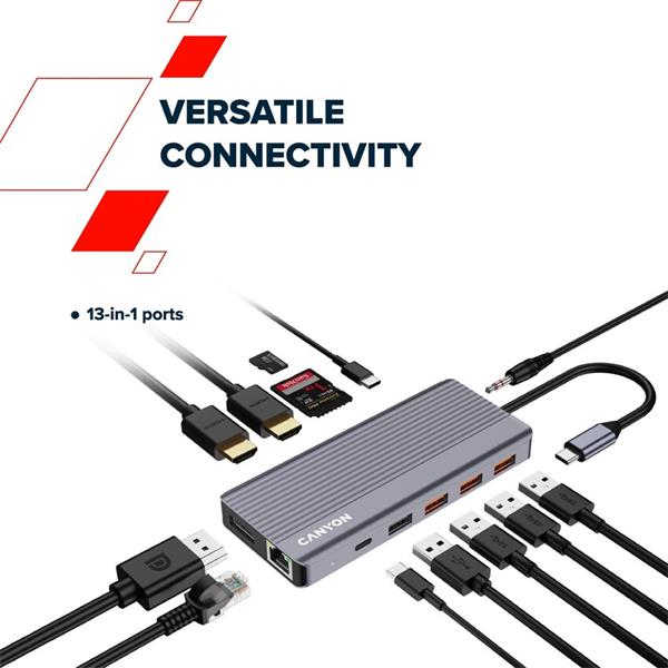 Canyon DS-16, Multiport Docking Station, 13 portov, 1xUSB-C 100W+3xUSB3.0+1xUSB2.0+2xHDMI+1xDisplay Port +1xRJ45+1xaudio 