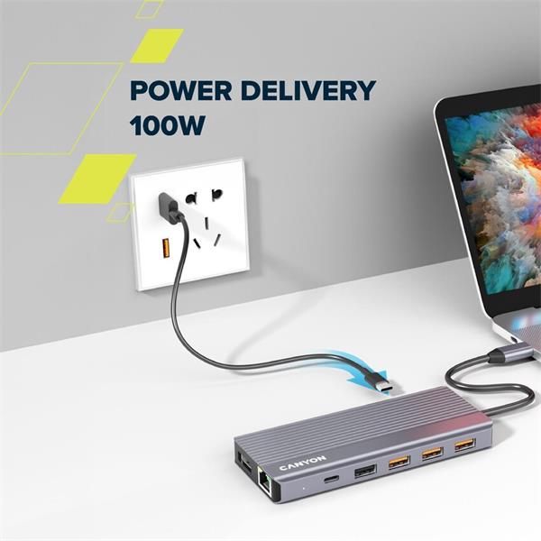 Canyon DS-16, Multiport Docking Station, 13 portov, 1xUSB-C 100W+3xUSB3.0+1xUSB2.0+2xHDMI+1xDisplay Port +1xRJ45+1xaudio 