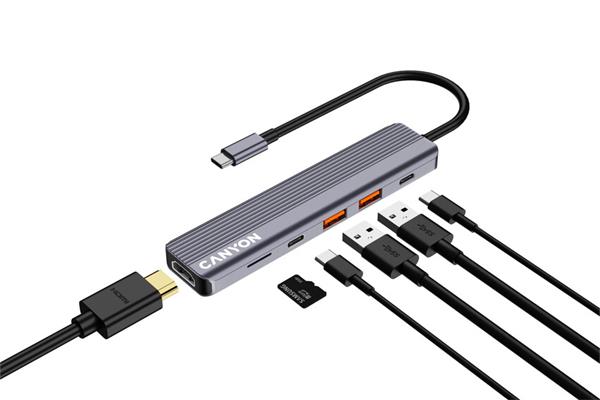 Canyon DS-17, Multiport Docking Station, 6 portov, 1xUSB-C 100W+2xUSB3.0+ 1xHDMI+čítačka kariet 