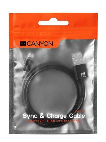 Canyon CFI-1, 1m kábel Lightning/USB, bez Apple certifikácie MFi, čierny 