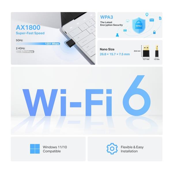 TP-LINK """AX1800 Nano Dual Band Wi-Fi 6 USB AdapterSPEED: 1201 Mbps at 5 GHz + 574 Mbps at 2.4 GHzSPEC: Internal Ante 