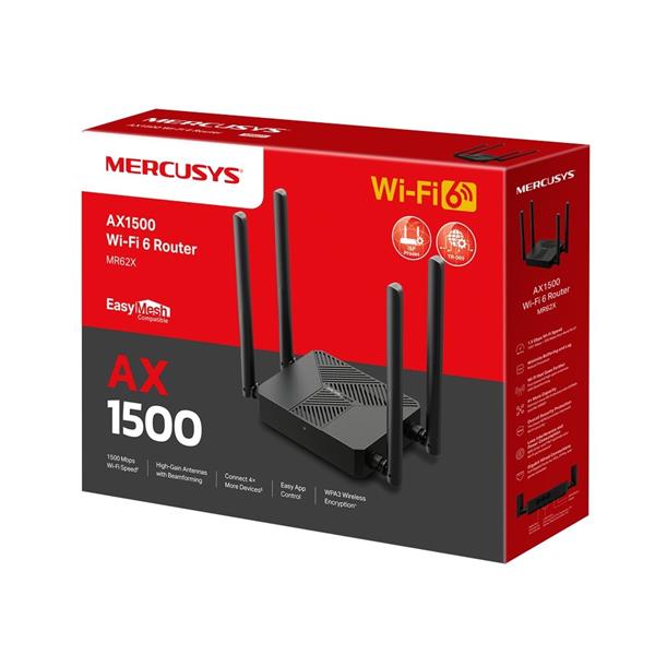 "AX1500 Dual-Band Wi-Fi 6 Router SPEED: 300 Mbps at 2.4 GHz + 1201 Mbps at 5 GHz SPEC: 4× Fixed External Antennas, 2× Gi 