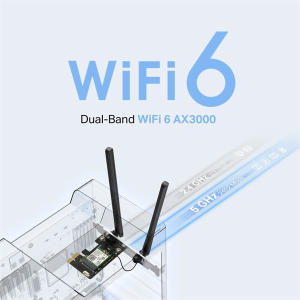AX3000 Dual-Band Wi-Fi 6 Bluetooth PCI Express Adapter SPEED: 2402 Mbps at 5 GHz + 574 Mbps at 2.4 GHz SPEC: 2× High Gai 